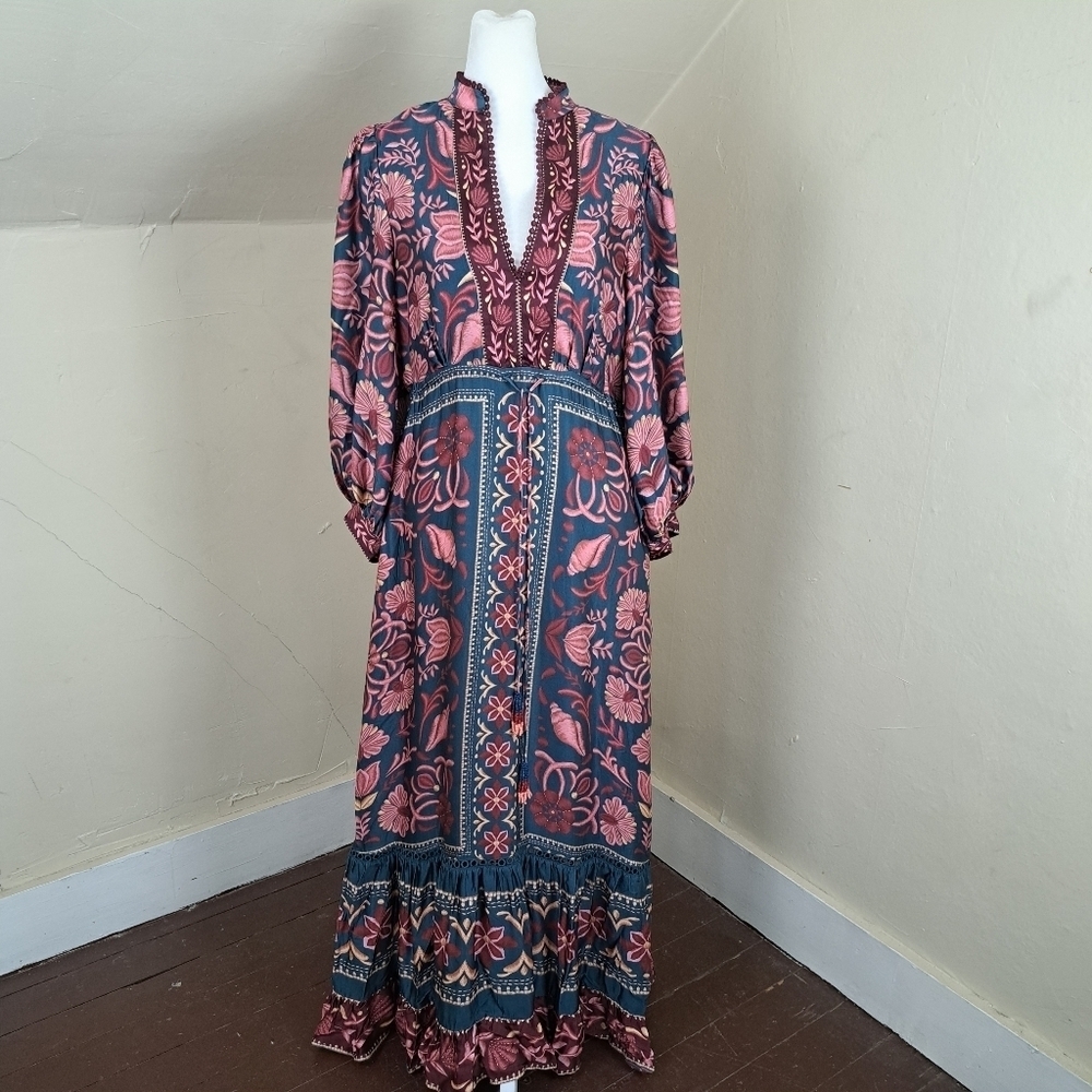 Farm Rio Seashell Tapestry Printed 3/4-Sleeve Maxi Dress Size XS - Picture 4 of 14